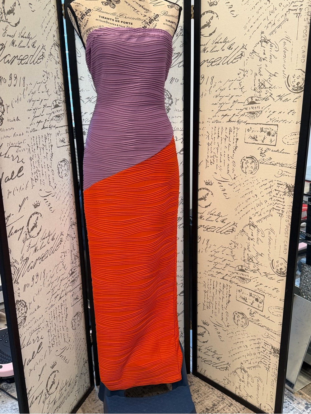 Colorblock Strapless Maxi Dress - Lavender & Bright Orange